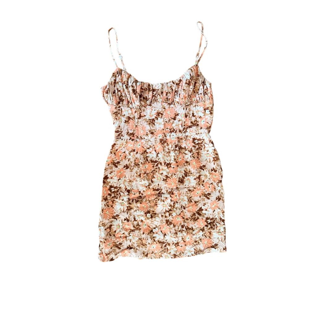 Sky To Moon Floral Mini Dress Womens S Brown Pink Cami Ruched Y2K Boho Summer